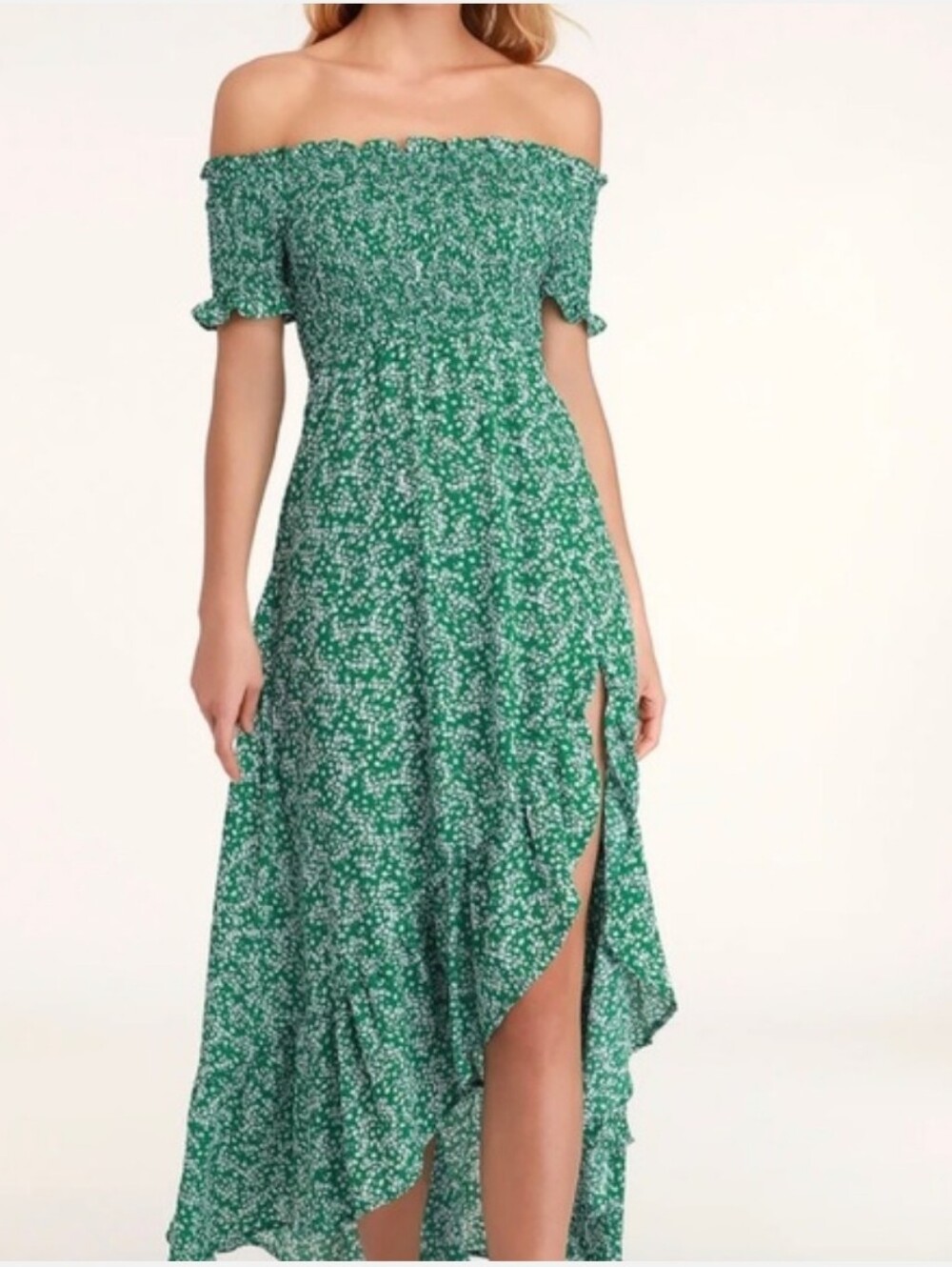 LULUS Off-Shoulder Green Floral Dress